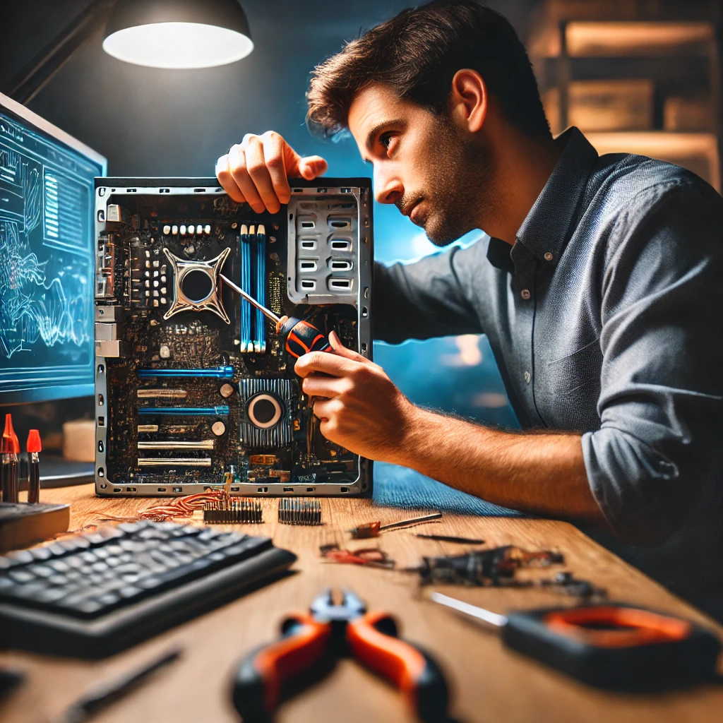 Technicien dépannant un ordinateur